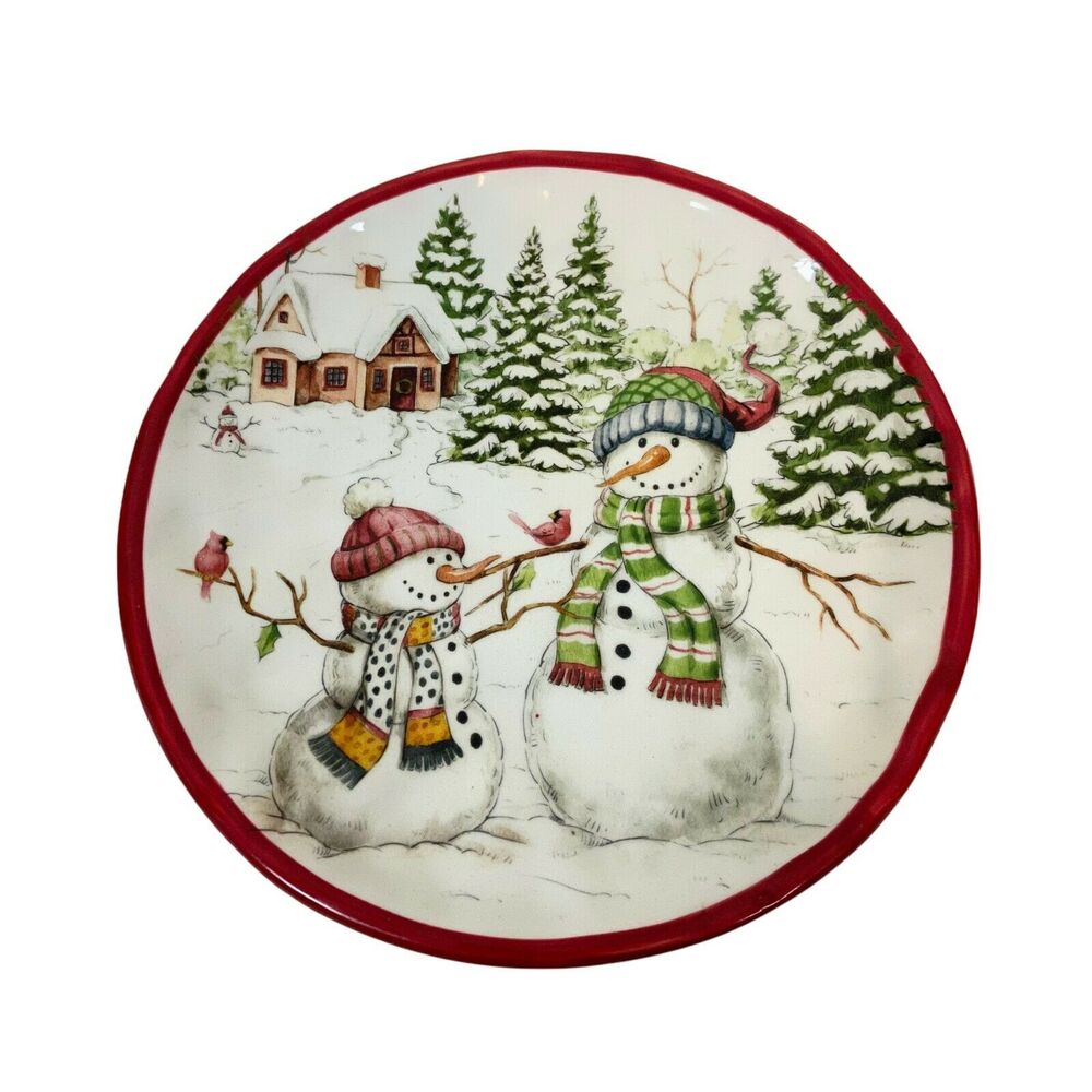 Snowman Plate White Green Ceramic Charming Food Safe For Christmas Cookies Retro